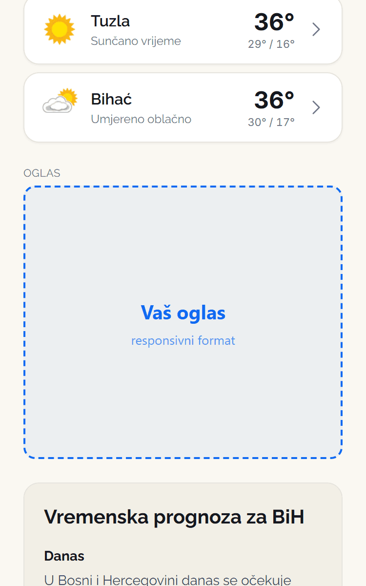 Pozicija oglasa: Početna – ispod prognoze